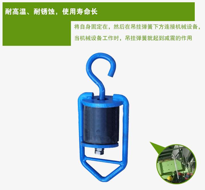 吊掛彈簧將自身固定在，然后在吊掛彈簧下方連接機械設備， 當機械設備工作時，吊掛彈簧就起到減震的作用